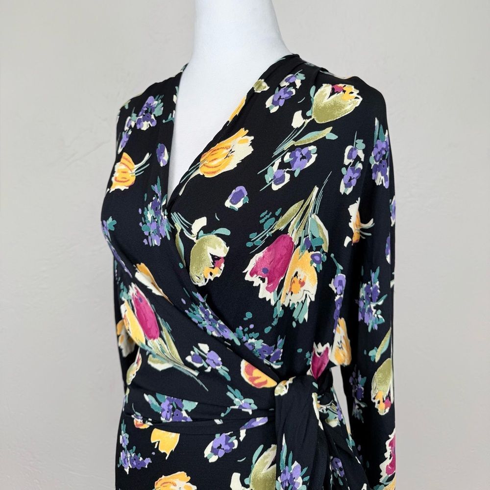 Vintage Rodier Floral Wrap Long Sleeve Black Multicolor Print Top 46 FR US L - Picture 5 of 13